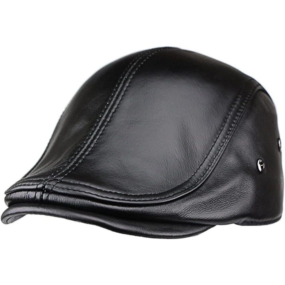 Men Black Leather Newsboy Cap Adjustable Ivy Flat Hat
